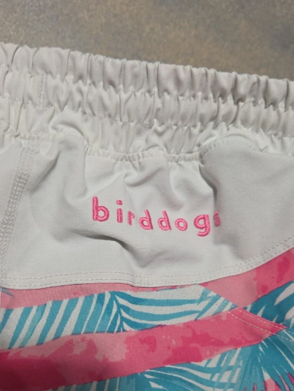 Birddogs Men’s Pink & Teal Striped Tropical Swim Trunks with White Panels Nwots.
